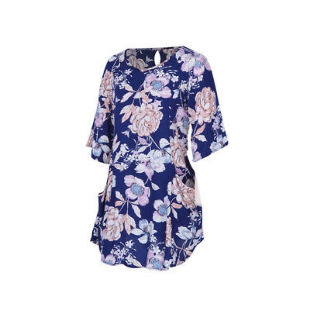 Blue Pastel Floral Dress With 3/4 Sleeves Pockets - Picture 6 of 7